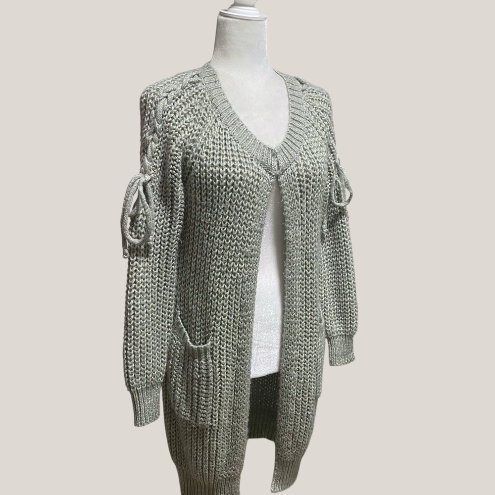 Kloth & Clover Boho Long Chunky Cardigan Sweater Silver Metallic Tie Sleeve S/M